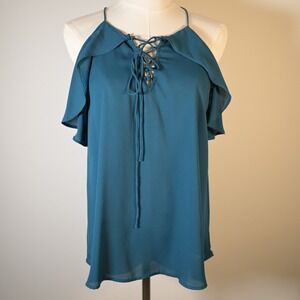 Hippie Rose Womens Teal Lace Up Cold Shoulder Ruffle Blouse H8S0307M Size L